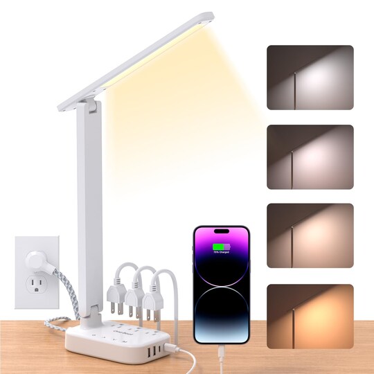 StaticPoster; LED Small Desk Lamp Power Strip 5ft Extension Cord, 3 Outlets, 4 USB Ports(2 USB C), 4 Modes, 5 Level Touch- Home, Office, Bedroom, Bedside, Study Reading Light, Dorm Room Essentials, White; Category:Table Lamps; Image:1